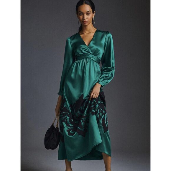 Anthropologie Nikasha Embroidered Satin Dress Size Medium V-neck - Picture 1 of 11